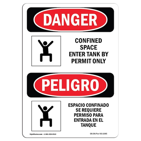 OSHA, Confined Space Enter Tank Permit Bilingual, 18in X 12in Rigid Plastic, 12" W, 18" H, Spanish